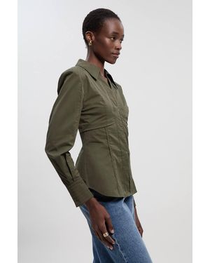 Karen Millen Pleated Detail Cotton Woven Long Sleeve Shirt - Green