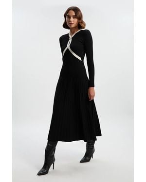 Karen Millen Rib Knit Trim Detail Full Skirt Midi Dress - Black