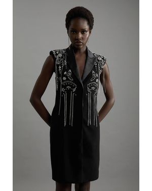 Karen Millen Embellished Detail Plunge Collar Woven Mini Dress - Black