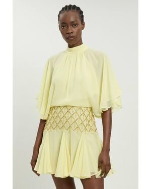 Karen Millen Beaded Cape Detail Mini Dress - Yellow