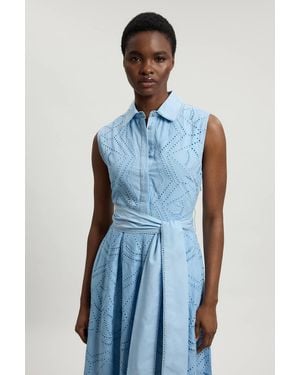 Karen Millen Cotton Broderie Scalloped Hem Sleeveless Shirt Dress - Blue