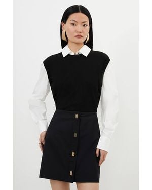 Karen Millen Tall Techno Cotton Woven Skirt With Clasp - Black