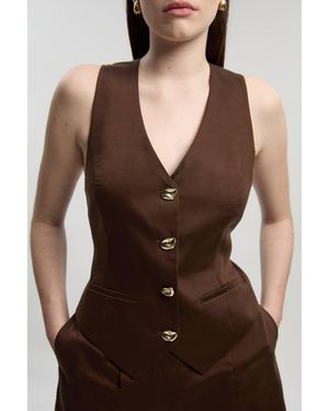 Karen Millen Petite Tailored Linen Corset Back Detail Waistcoat - Brown