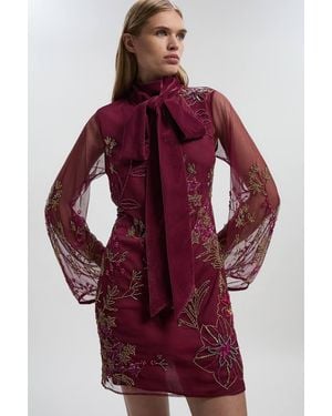 Karen Millen Floral Applique Embellished Organdie Woven Mini Dress - Red