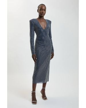 Karen Millen Premium Crystal Embellished Long Sleeve Plunge Neck Midi Dress - Blue