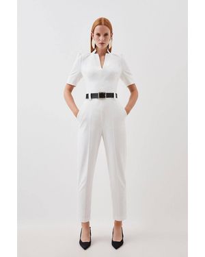 Karen Millen Forever Structured Crepe Belted Jumpsuit - White