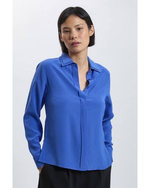 Karen Millen Petite Silk Double Collar Long Sleeve Shirt - Blue