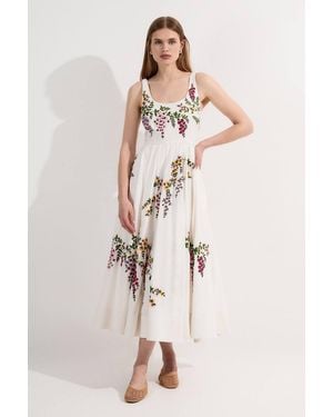 Karen Millen Petite Embroidered Cotton Linen Woven Prom Dress - Natural