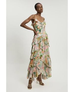 Karen Millen Floral Print Frill Detail Viscose Maxi Dress - Metallic