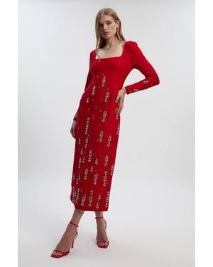 Karen Millen Petite Crystal Embellished Scuba Crepe Bandeau Midi Dress - Red