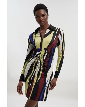 Karen Millen Abstract Zebra Print Ruched Detail Collared Mini Crepe Shirt Dress - Blue