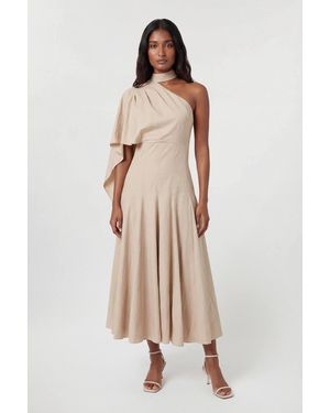 Karen Millen Premium Tailored Linen High Neck One Shoulder Full Midi Dress - Natural