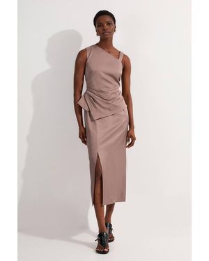 Karen Millen Premium Viscose Linen Asymmetric Neck Tailored Pencil Maxi Dress - Grey