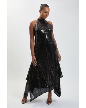 Karen Millen Plus Size Sequin Halter Neck Hanky Hem Maxi Dress - Black