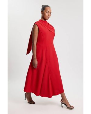 Karen Millen Plus Size Tailored Crepe Cape Asymmetric Cape Neck Detail Midi Dress