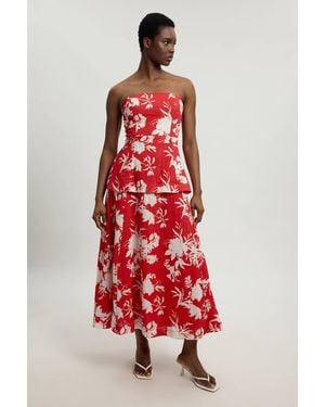 Karen Millen Double Cloth Printed Bandeau Peplum Midi Dress - Red