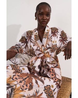 Karen Millen Abstract Print Cotton Kimono Sleeve Woven Maxi Dress - Brown