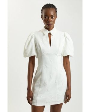 Karen Millen Embellished Short Sleeve Woven Mini Dress - White