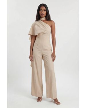 Karen Millen Premium Tailored Linen High Neck One Shoulder Wide Leg Jumpsuit - Natural