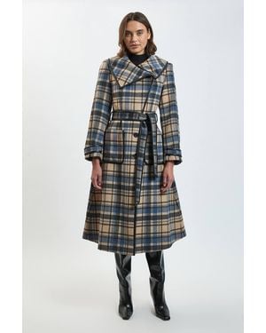 Karen Millen Checked Wool Pu Tipped Belted Midi Coat - Blue