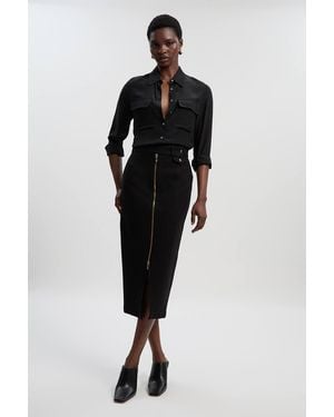 Karen Millen Ponte Front Zip Trim Detail Midi Skirt - Black