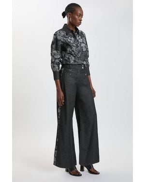Karen Millen Denim & Jacquard Contrast Wide Leg Jeans - Blue