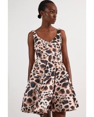 Karen Millen Structured Viscose Satin Animal Print Tailored Prom Mini Dress - White