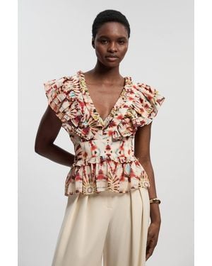Karen Millen Tile Print Silk Cotton Ruffle Detail Woven Top - Multicolour