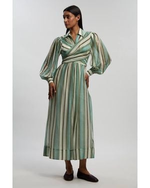 Karen Millen Slub Organdie Drama Sleeve Woven Wrap Detail Shirt Dress - Green