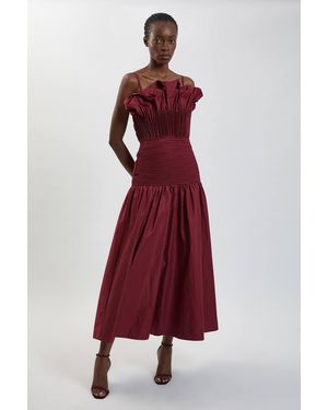 Karen Millen Petite Taffeta Ruffle Detail Midi Dress - Red