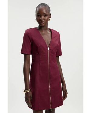 Karen Millen Techno Cotton Short Sleeve Zip Detail Woven Mini Dress - Red