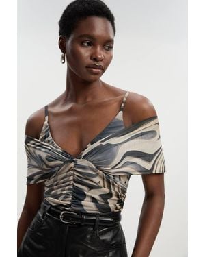 Karen Millen Marble Print Mesh Plunge Strappy Detail Bodysuit - Black