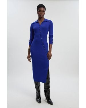 Karen Millen Viscose Blend Trim Detail Knit Midi Dress - Blue
