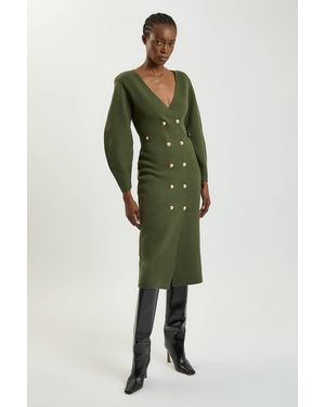 Karen Millen Wool Look Military Double Breasted Knitted Dress - Green