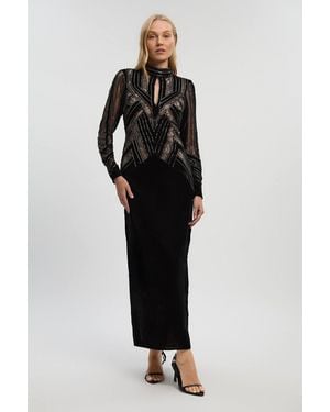 Karen Millen Velvet Embellished Long Sleeve Maxi Dress - Black
