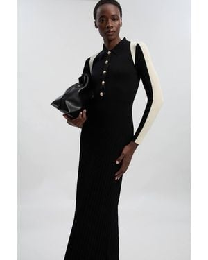 Karen Millen Petite Rib Knit Military Colour Block Midi Dress - Black