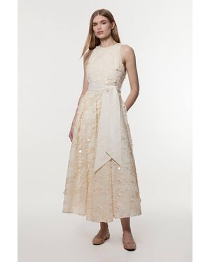 Karen Millen Textured Sequin Floral Belted Woven Tie Maxi Prom Dress - Natural