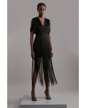 Karen Millen Figure Form Bandage Knit Fringe Detail Dress - Grey
