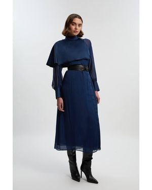 Karen Millen Military Sheer Cape Detail Woven Maxi Dress - Blue