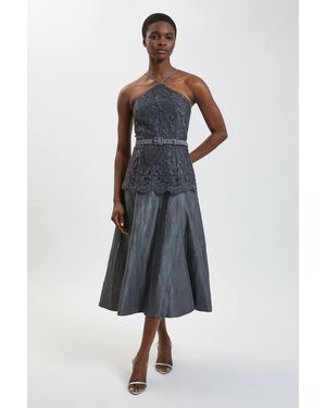 Karen Millen Textured Sateen Lace Halter Neck Belted Midi Dress - Blue