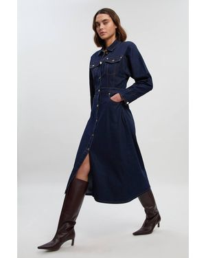 Karen Millen Denim Button Front Sleeved Shirt Dress - Blue