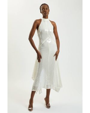 Karen Millen Petite Sequin Halter Neck Hanky Hem Maxi Dress - White