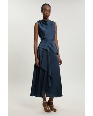 Karen Millen Petite Textured Satin Ruffle Detail Sleeveless Midi Dress - Blue