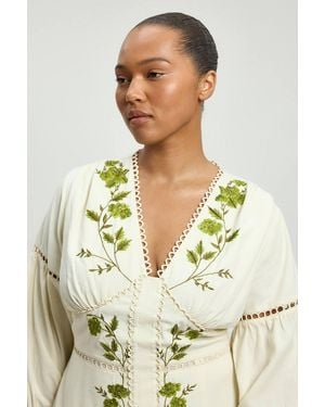 Karen Millen Plus Size Rose Embroidered Cotton Twill Woven Long Sleeve Maxi Dress - White