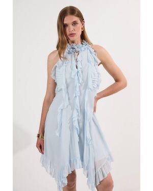 Karen Millen Viscose Georgette Ruffle Halter Neck Woven Top Mini Dress - Blue