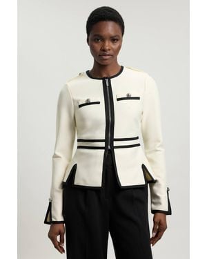 Karen Millen Petite Figure Form Bandage Military Contrast Piping Knit Split Hem Jacket - Natural