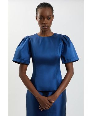 Karen Millen Satin Twill Puff Sleeve Top - Blue