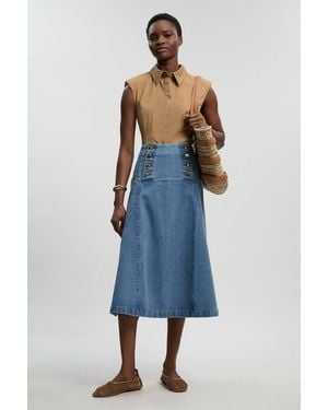 Karen Millen Denim Button Front Skirt - Blue