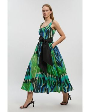 Karen Millen Silk Cotton Animal Strappy Maxi Dress - Green
