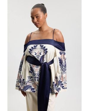 Karen Millen Plus Size Scarf Print Belted Woven Bardot Top - Blue